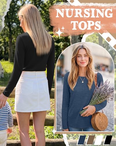 4 Pack Nursing Breastfeeding Tops with Hidden Zipper - color: Hazy Blue, Khaki, White, Black, size: Small