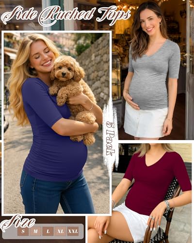 Riyiper 5 Pack Women's Maternity Shirts - color: Black, Light Gray, White, Navy Blue, Wine Red, size: Small