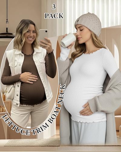 3 Pack Women's Maternity Cotton Shirts Long Sleeve - color: Coffee, White, Black, size: Large