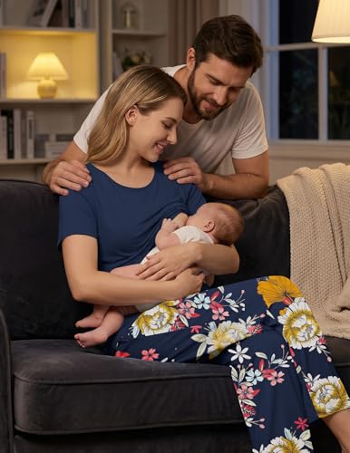 Ekouaer 3 Pack Postpartum Nursing Pajamas Breastfeeding Maternity Clothes - color: Navy Blue Floral, size: Medium