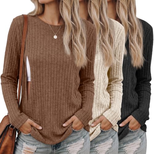3 Pack Maternity Nursing Ribbed Long Sleeve Tops - color: Black, Apricot, Brown, size: Small