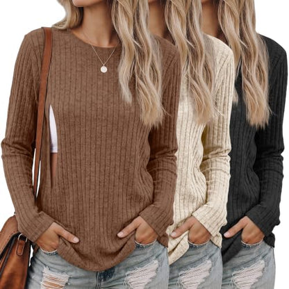 3 Pack Maternity Nursing Ribbed Long Sleeve Tops - color: Black, Apricot, Brown, size: Medium