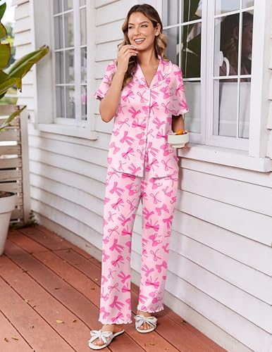 Ekouaer Womens Pajama Sets Short Sleeve Printed PJs Button Down Sleepwear - color: Bow Print, size: Large