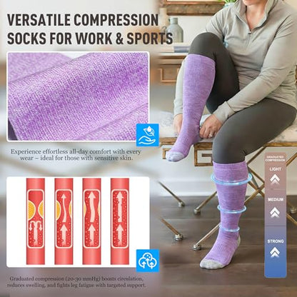 LEVSOX Bamboo Viscose Compression Socks Wide Calf 15-20 mmHg with Cushioned - color: Purple Grey, size: Large