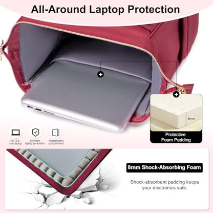 Lunch Backpack For Women, 15.6 Inch Laptop Backpack with Lunchbox - color: Winered