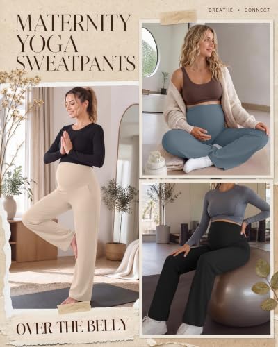 3 Pack Women's Maternity Yoga Pants with Pockets - color: Apricot, Slate Blue, Black, size: Large