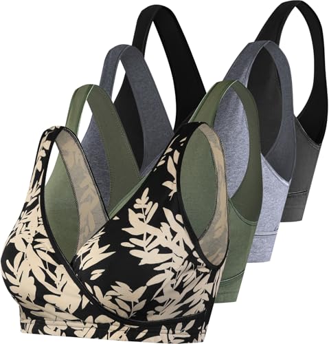 SUIEK 4 Pack Nursing Sleep Bra Maternity Bralette Cotton Breastfeeding Bras - color: Black/Leaf/Dark Grey/Army Green-4pcs, size: Medium
