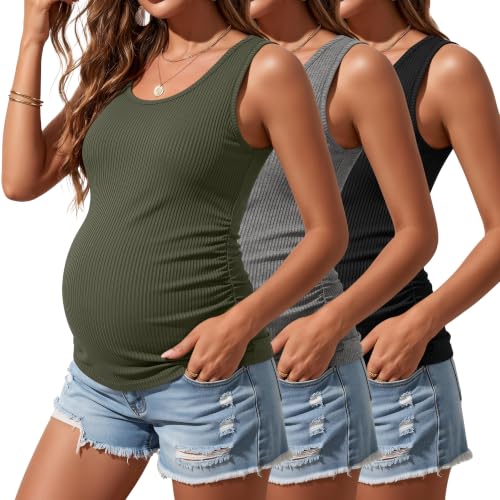 Riyiper 3 Pack Women's Maternity Tank Tops - color: Black, Light Gray, Light Army Green, size: Medium
