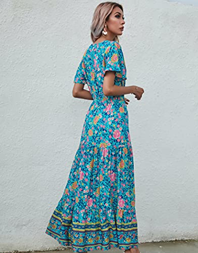 R.Vivimos Womens Summer Boho Floral Print V Neck Flowy Dress - color: Green, size: Small