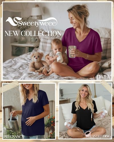 3 Pack Women's Nursing Tops Breastfeeding Shirts - color: Black, Navy, Fuchsia, size: Small