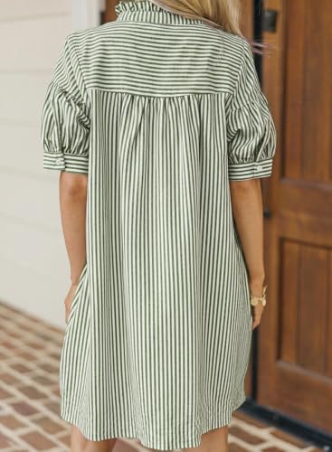 BLENCOT Summer Dresses for Women Puff Sleeve Striped Button Mini Dress - color: Green Stripe, size: X-Large