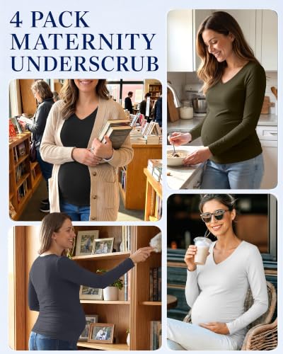 Neer 4 Pack Maternity Long Sleeve V Neck Under Scrub Tops - color: Black, White, Dark Gray, Army Green, size: Medium