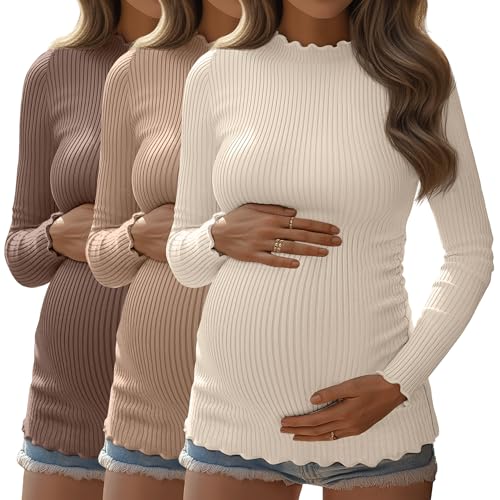 Huukeay 3 Pack Women Ribbed Long Sleeve Crew Neck Maternity Tops - color: Apricot, Khaki, Coffee, size: Medium