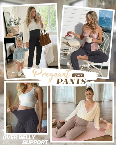 3 Pack Womens Maternity Pants Pregnancy Lounge Jogger - color: Khaki, Cement Gray, Black, size: Large