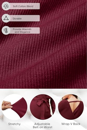 OUGES Womens Soft Cotton Blend Maternity Sweater Wrap V Neck Long Sleeve V Back Fall Shirts Pregnancy Outfits with Belt - color: Wine Red, size: Medium