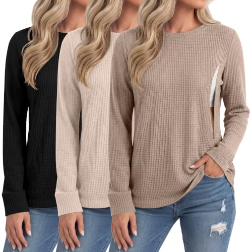 Neer 3 Pack Women's Nursing Hidden Zipper Long Sleeve Shirts - color: Khaki, Cream, Army Green, size: Large