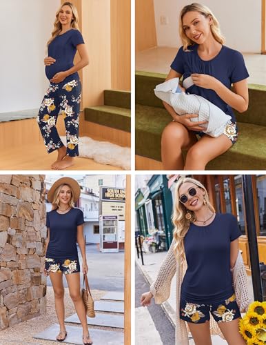 Ekouaer Maternity Nursing Pajamas Set 3 Piece Postpartum Breastfeeding Pjs - color: Floral Navy Blue, size: Medium