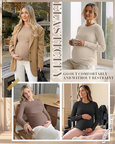4 Pack Womens Ribbed Maternity Shirts Slim Fit Tops - color: Apricot, Khaki, Coffee, Black, size: Small