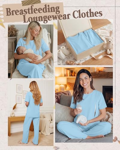 2Pc Postpartum Nursing Pajamas Set - color: Light Blue, size: XX-Large