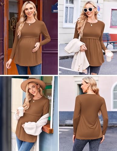 Ekouaer Maternity Shirts 3 Pack Pleated Long Sleeve Tops Pregnancy Clothes - color: Black/Brown/White, size: Medium