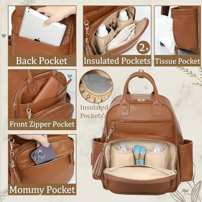 Omanmoli Diaper Bag Backpack Leather Baby Bag Large Travel Diaper Backpack - color: Congac