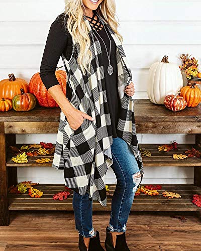 Ivay Womens Plaid Open Front Sweaters Sleeveless Duster Cardigans Drape Lightweight Vest Coat with Pockets - color: White, size: Large