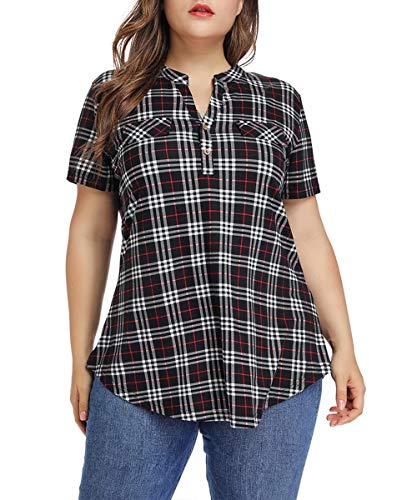 MONNURO Womens Plus Size Tops Button Down Tunic Plaid Shirts Casual Blouses - color: Black, size: 2X