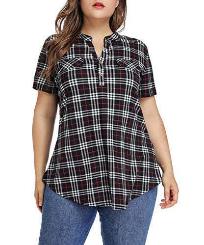 MONNURO Womens Plus Size Tops Button Down Tunic Plaid Shirts Casual Blouses - color: Black, size: 2X