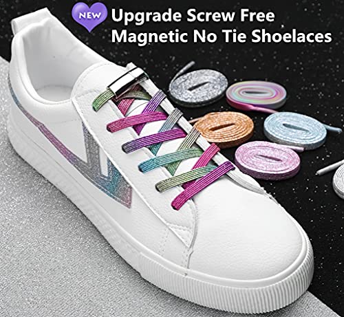 Magnetic No Tie Elastic Shoe Laces for Kids Adults, No screw, One Size Fits All - color: Silver White