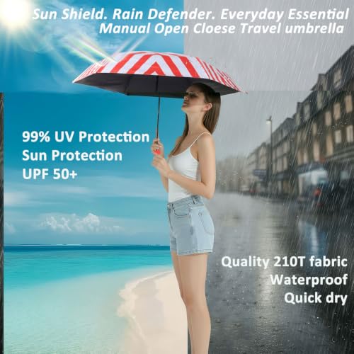 BAODINI Mini Travel Umbrella with UV Sun Protection, Compact Pocket-Size - color: H-1 Pack Red Stripes