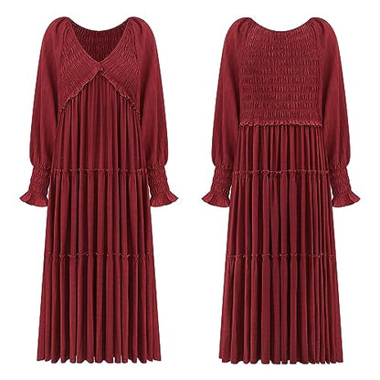 R.Vivimos Long Sleeve V Neck Flowy Maxi Dresses for Women - color: Burgundy, size: Medium