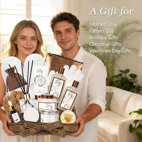 Coconut Vanilla Spa Gift Set, Complete Spa Gift Baskets for Women & Men