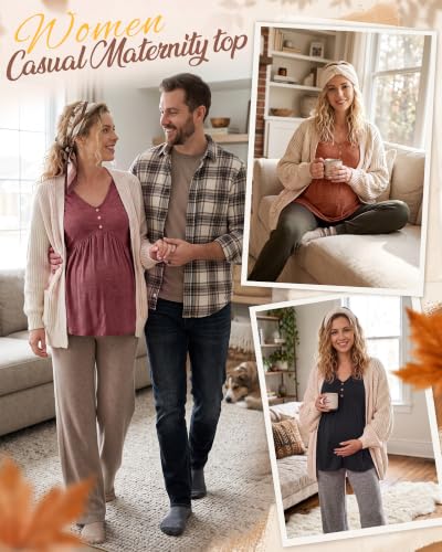 Cutecrop 3 Pack Maternity Long Sleeve V Neck Shirt - color: Black, Wine Red, Caramel, size: Medium