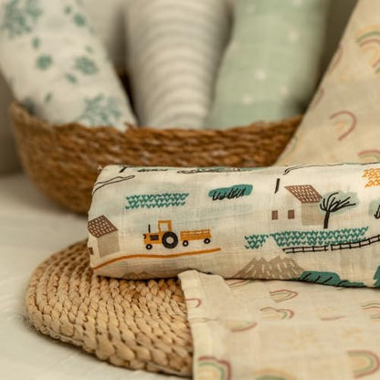 Muslin Swaddle Blankets for Newborn, Cotton Receiving Blanket - color: Light Blue Farm Country