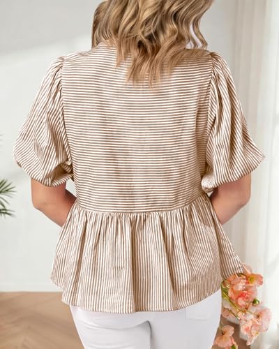 dowerme Women Lantern Sleeve Button Up Stripes Babydoll Tops - color: Brown, size: Large