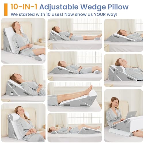 Sasttie Adjustable Wedge Pillow Set for After Surgery, Light Grey & White - color: Light Grey & White, size: Adjustable 9&12 Inch + 1 Head Pillow