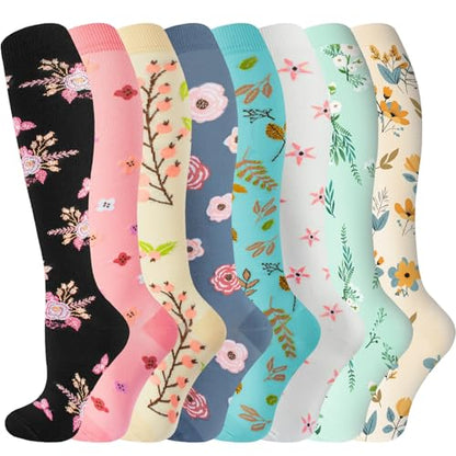 bropite 8 Pairs Compression Socks For Women & Men 20-30 mmHg - color: A-8 Pairs White Fower, size: Small-Medium