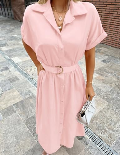 ZESICA Women's Summer Button Down Short Sleeve Midi Dress - color: Pink, size: Medium