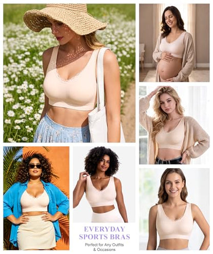 Bras for Women No Underwire Lace V-Neck Wireless Bra Wireless Sleep Bras - color: 3 Pack-skin, size: Medium