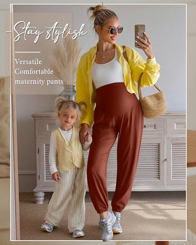 3 Pack Women's Maternity Jogger Pregnancy Sweatpants - color: Pumpkin, Dark Brown, Black, size: Medium