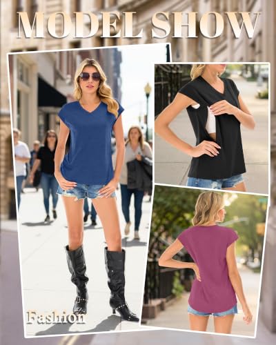 3 Pack Womens Nursing Tops V Neck - color: Fuchsia, Dark Blue, Black, size: Medium
