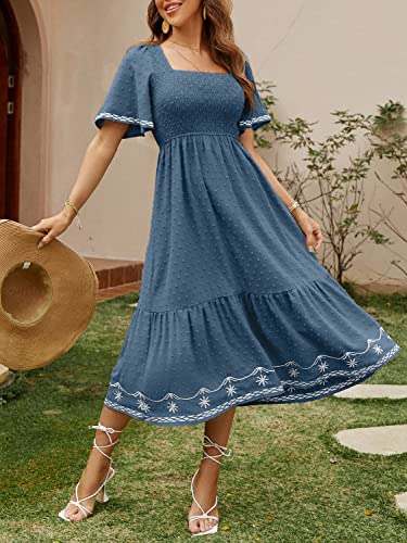 Glamaker Women's Short Sleeve Smocked Square Neck A Line Summer Flowy Maxi Long Dress - color: 01-dark Blue, size: Small