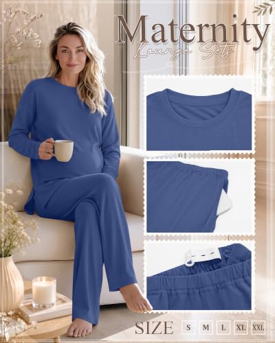 Huukeay 2 Pack Maternity Long Sleeve Pajamas Sets - color: Black, Haze Blue, size: Large