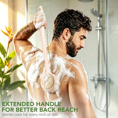 Back Scrubber for Shower, 15.7" Loofah with Handle Body Brush, Pink - color: Pink