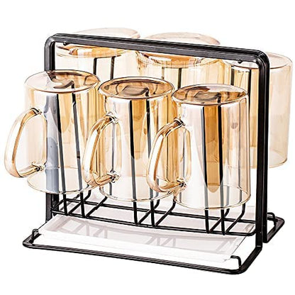 Metal Cup Drying Rack with 6 Hooks Bottle Drying Rack with Drain Tray - color: Black