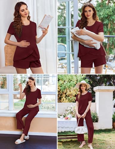 Ekouaer 3 PCS Maternity Nursing Pajamas Set Postpartum Breastfeeding PJS - color: Wine Red, size: Medium