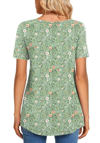 CATHY Womens Short Sleeve Tunic Tops Henley Shirt V Neck Button Up Blouse Casual Pleated Basic Pullover - color: Flower Sparrow+green, size: Large