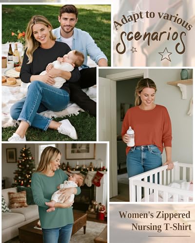 3 Pack Nursing Breastfeeding Tops - color: Caramel, Light Green, Black, size: Large