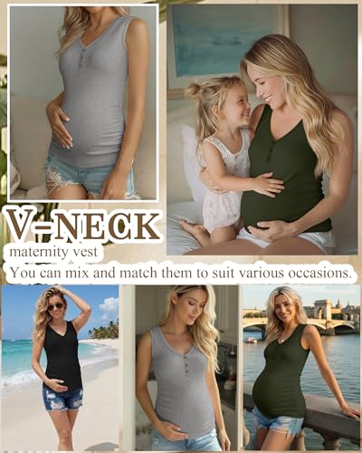 3 Pack Women Maternity Henley Tank Tops - color: Black, Light Mixed Gray, Army Green, size: Large
