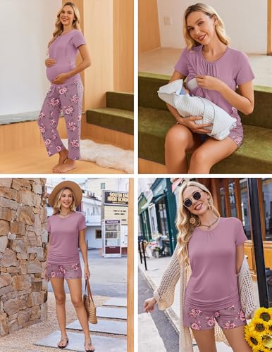 Ekouaer Maternity Nursing Pajamas Set 3 Piece Postpartum Breastfeeding Pjs - color: Floral Lilac, size: Small